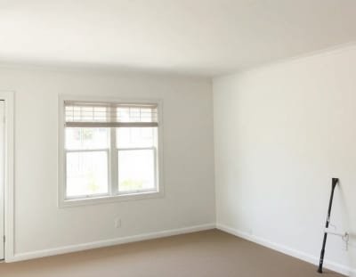 Painter cutting in a clean edge on an interior wall with drop sheets covering the floor